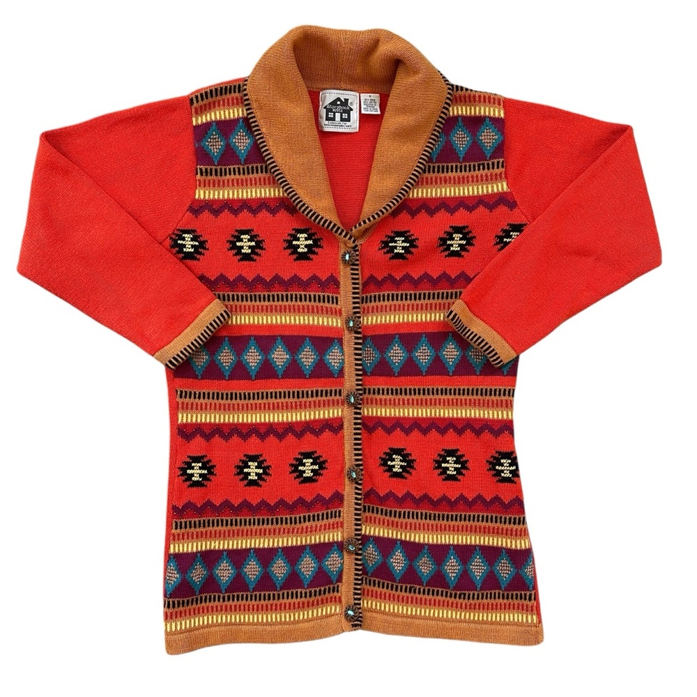 Storybook Knits Orange & Tan Collared Southwestern Aztec Cardigan Size Small
